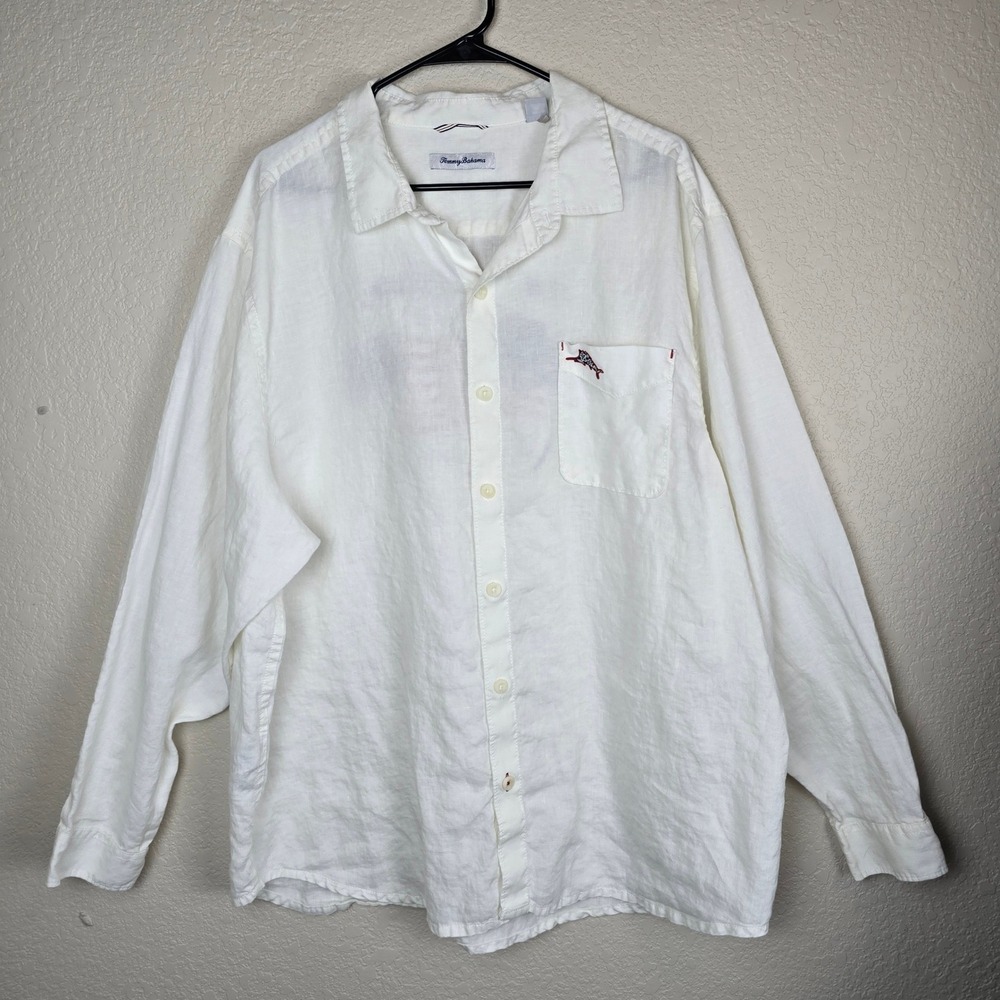 Tommy Bahama Men 2XL White 100% Linen Long Sleeve American Flag Marlin Shirt
